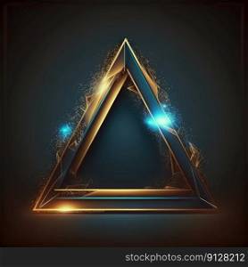 Abstract art of glowing fantasy golden and blue multi striped triangle frame with vivid in chevrons game design. Created by mystical portal in geometric shape. Finest generative AI.. Abstract art of glowing fantasy golden and blue multi striped triangle frame.