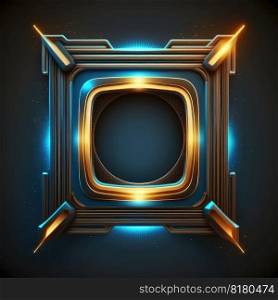 Abstract art ofμ<i layer glowing golden and blue square frame with vivid in chevrons game design. Created by mystical portal in≥ometric shape. Fi≠st≥≠rative AI.. Abstract art ofμ<i layer glowing golden and blue square frame.
