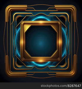 Abstract art of multi layer glowing golden and blue square frame with vivid in chevrons game design. Created by mystical portal in geometric shape. Finest generative AI.. Abstract art of multi layer glowing golden and blue square frame.