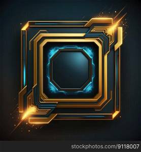Abstract art of multi layer glowing golden and blue square frame with vivid in chevrons game design. Created by mystical portal in geometric shape. Finest generative AI.. Abstract art of multi layer glowing golden and blue square frame.