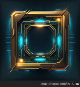 Abstract art of multi layer glowing golden and blue square frame with vivid in chevrons game design. Created by mystical portal in geometric shape. Finest generative AI.. Abstract art of multi layer glowing golden and blue square frame.