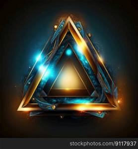 Abstract art of multi layer glowing golden and blue triangle frame with vivid in chevrons game design. Created by mystical portal in geometric shape. Finest generative AI.. Abstract art of multi layer glowing golden and blue triangle frame.