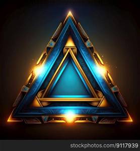 Abstract art of multi layer glowing golden and blue triangle frame with vivid in chevrons game design. Created by mystical portal in geometric shape. Finest generative AI.. Abstract art of multi layer glowing golden and blue triangle frame.