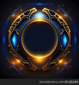 Abstract art of thick glowing golden and blue circle frame with vivid in chevrons game design. Created by mystical portal in round shape. Finest generative AI.. Abstract art of thick glowing golden and blue circle frame design.