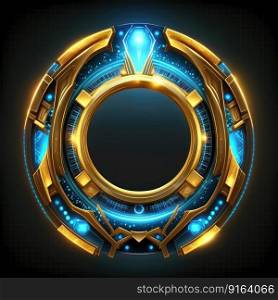 Abstract art of thick glowing golden and blue circle frame with vivid in chevrons game design. Created by mystical portal in round shape. Finest generative AI.. Abstract art of thick glowing golden and blue circle frame design.