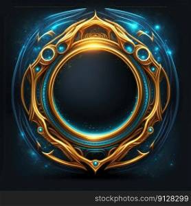 Abstract art of thick glowing golden and blueˆ≤frame with vivid in chevrons game design. Created by mystical portal in round shape. Fi≠st≥≠rative AI.. Abstract art of thick glowing golden and blueˆ≤frame design.