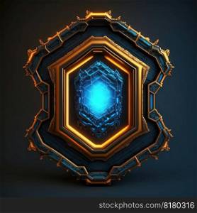 Abstract art of thick glowing golden and blue hexagon frame with vivid in chevrons game design. Created by mystical portal in geometric shape. Finest generative AI.. Abstract art of thick glowing golden and blue hexagon frame design.