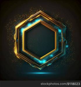 Abstract art of thick glowing golden and blue hexagon frame with vivid in chevrons game design. Created by mystical portal in geometric shape. Finest generative AI.. Abstract art of thick glowing golden and blue hexagon frame design.