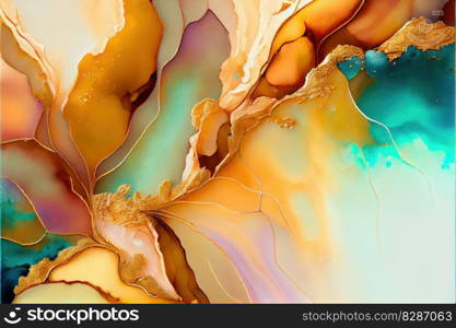 Abstract art painting in alcohol ink technique . Golden pastel tone. Finest generative AI.. Abstract art painting in alcohol ink technique . Golden pastel tone.