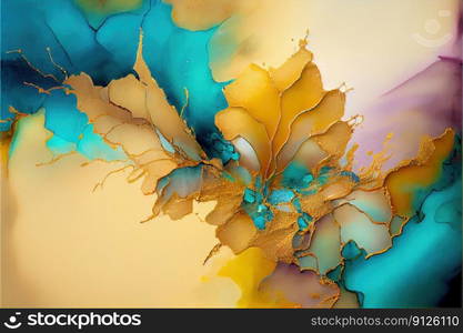 Abstract art painting in alcohol ink technique . Golden pastel tone. Finest generative AI.. Abstract art painting in alcohol ink technique . Golden pastel tone.