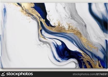 Abstract art splashing color in fluid ink texture blue and gold in background. Concept of marble floor or wall isolated on white background. Finest generative AI.. Abstract art splashing color in fluid ink texture blue and gold in background.