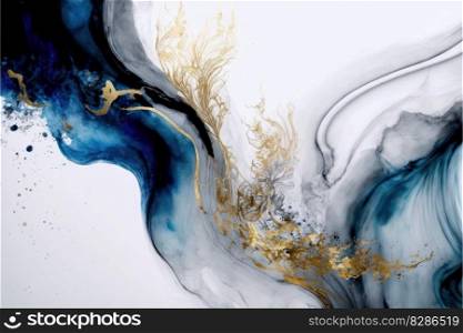 Abstract art splashing color in fluid ink texture blue and gold in background. Concept of marble floor or wall isolated on white background. Finest generative AI.. Abstract art splashing color in fluid ink texture blue and gold in background.