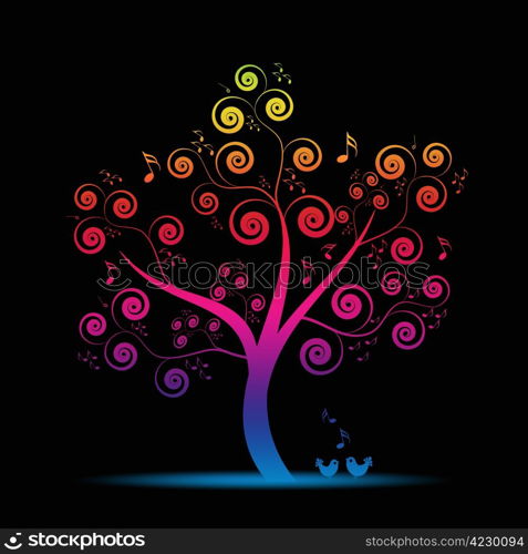 Abstract art tree with music notes and lovely birds