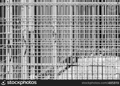 Abstract austere geometric pattern of iron bars, several barriers in front of a stadium, black and white