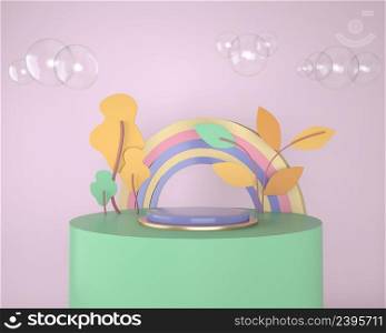 Abstract backdrop for product display, podium with trees and plants. 3d.. Abstract backdrop for product display, podium with trees and plants, 3d illustration