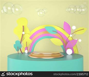 Abstract backdrop for product display, podium with trees and plants. 3d.. Abstract backdrop for product display, podium with trees and plants, 3d illustration