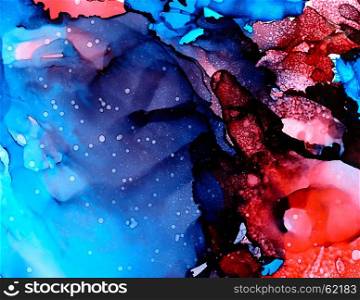 Abstract backdrop wave blue deep red.Colorful painted background hand drawn with bright inks and watercolor paints. Bright color splashes and splatters create uneven artistic background.