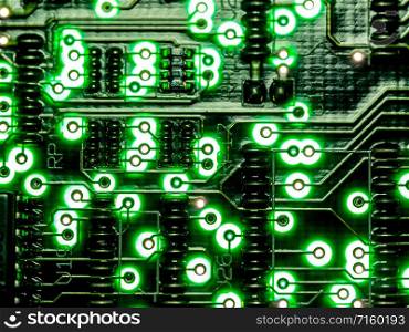 Abstract background,close up green circuit board. Electronic computer hardware technology. Mainboard computer background. Integrated communication processor. Information engineering component.