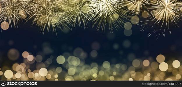 Abstract background for Christmas, New Year, Holiday. Golden Fireworks and Golden Bokeh with dark blue background. Copy space and Panoramic horizontal design.