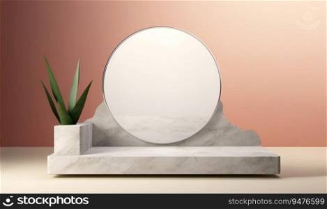 Abstract background for cosmetic product display with marble stone and mirror.