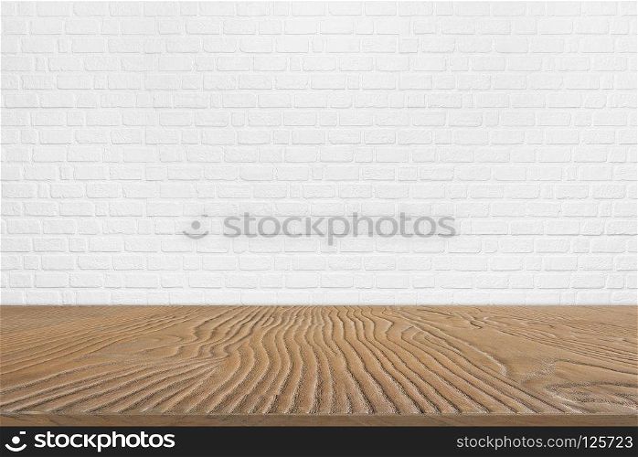 Abstract background from blank brown wood plank with white brick pattern on wall in background. Empty space for show product or advertising background. Picture for add text message, design art work.
