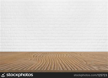 Abstract background from blank brown wood plank with white brick pattern on wall in background. Empty space for show product or advertising background. Picture for add text message, design art work.