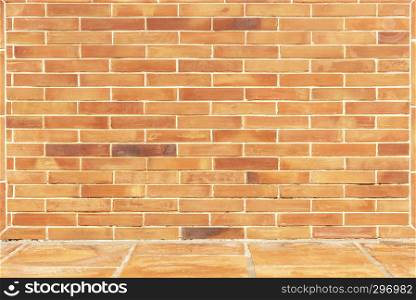 Abstract background from brown brick wall with floor. Studio room with free space for backdrop.
