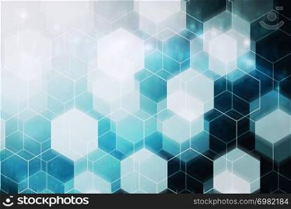 Abstract background from pattern of double exposure of hexagon shape with light. Science and technology backdrop in blue color tone.