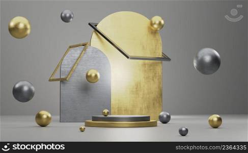 Abstract background, metallic mock up sce≠≥ometry shape podium for∏uct display. 3D illustration