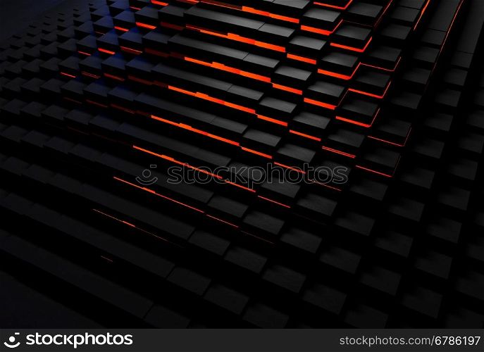 Abstract background of black cubes glowing with red light