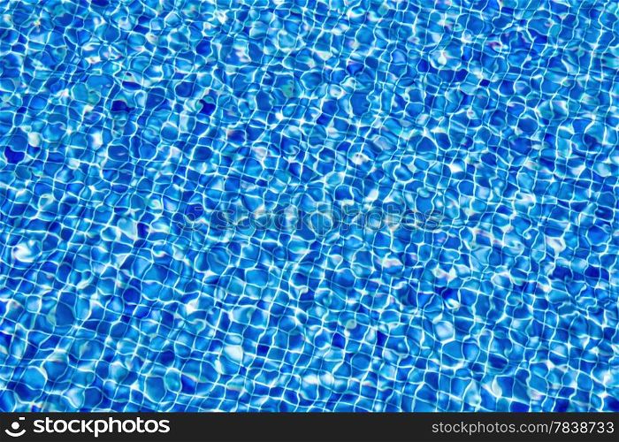Abstract background of clear water in a dark blue tiled swimming pool.