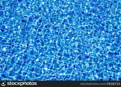 Abstract background of clear water in a dark blue tiled swimming pool.