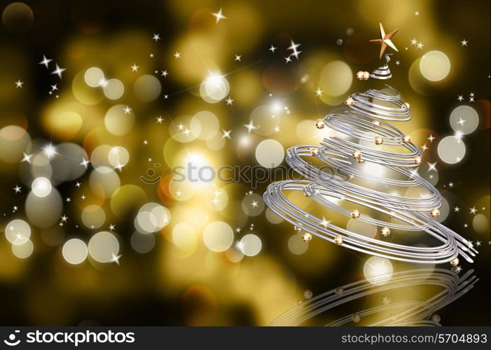 Abstract background of colourful Christmas bokeh lights with a silver spiral tree