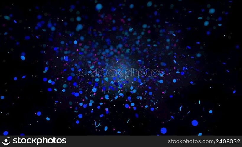 Abstract background of group of blue and purple particles of different sizes floating on a defocused background in a black space. 3d illustration. Group of blue and purple particles floating on a black background. 3d illustration