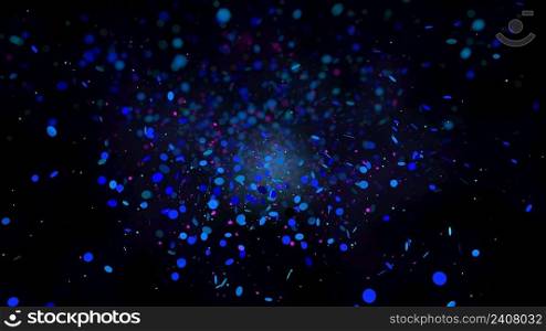 Abstract background of group of blue and purple particles of different sizes floating on a defocused background in a black space. 3d illustration. Group of blue and purple particles floating on a black background. 3d illustration