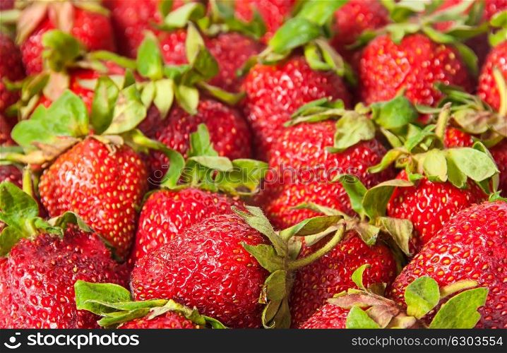 Abstract background of red strawberries with green tails