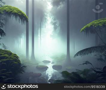 Abstract background that captures the essence of mist and fog weaving through a forest.