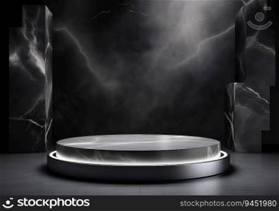 abstract background with black rock cobblestone ruins and golden nuggets levitating. Modern minimal showcase with empty podium for product presentation. AI Generative