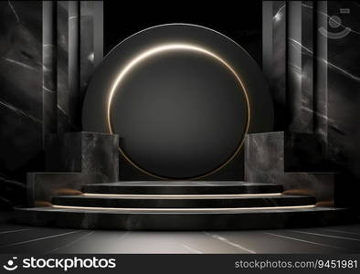 abstract background with black rock cobblestone ruins and golden nuggets levitating. Modern minimal showcase with empty podium for product presentation. AI Generative