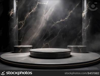 abstract background with black rock cobblestone ruins and golden nuggets levitating. Modern minimal showcase with empty podium for product presentation. AI Generative