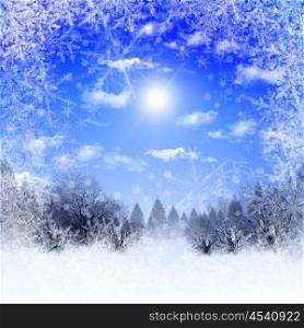 Abstract background with blue skies and sunshine. Christmas in the winter landscape. Happy New Year and Merry Christmas!