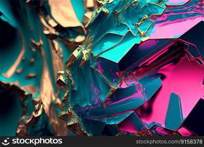 Abstract background with free 3D golden shapes, flowing and melting in surreal motion. Soft splashing abstract forms background with blue and purple crystal inclusion. Generated AI. Abstract background with free 3D golden shapes, flowing and melting in surreal motion. Soft splashing abstract forms background with blue and purple crystal inclusion. Generated AI.