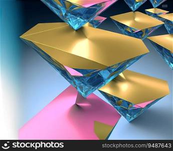 Abstract background with free 3D golden shapes, flowing and melting in surreal motion. Soft splashing abstract forms background with blue and purple crystal inclusion. Generated AI