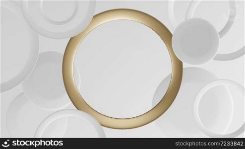 Abstract background with gold and white ring circles. 3D render