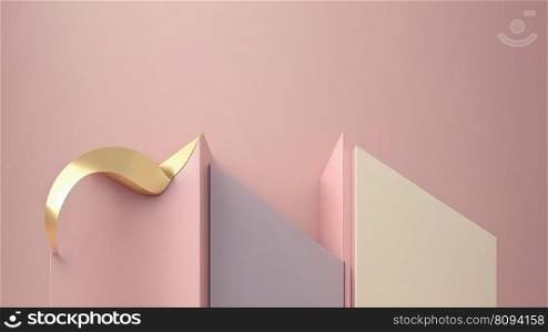 Abstract background with gold geometric shapes on pink background. Stage showcase for beauty product. 3D. Abstract background with geometric shapes, pink and gold colors. 3D