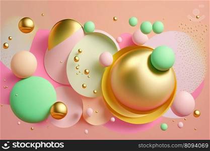 Abstract background with gold, green, pink geometric shapes. Creative colorful web banner. 3D. Abstract background with geometric shapes, pink, green and gold colors. 3D