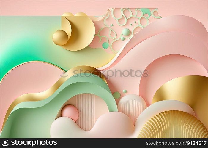 Abstract background with gold, green, pink geometric shapes. Creative colorful web banner. 3D. Abstract background with geometric shapes, pink, green and gold colors. 3D