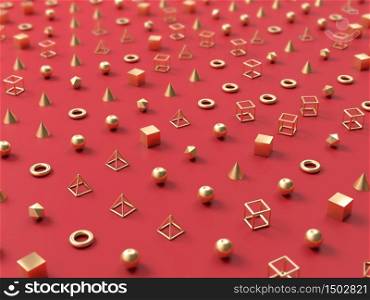 Abstract background with golden shapes and figures on red background. 3d illustration. Perfect illustration for placing your text or object. Backdrop with copyspace in minimalistic style. May use in cosmetics or fashion. Abstract background with golden shapes and figures on red background. 3d render. Perfect illustration for placing your text or object. Backdrop with copyspace in minimalistic style. May use in cosmetics or fashion