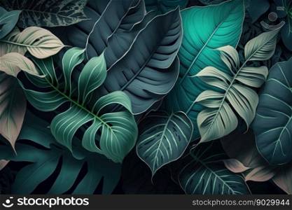 Abstract background with leaves tropical foliage, digital illustration painting, Generative AI
