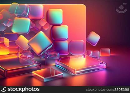Abstract background with neon holographic square elements. Neural network AI generated art. Abstract background with neon holographic square elements. Neural network AI generated